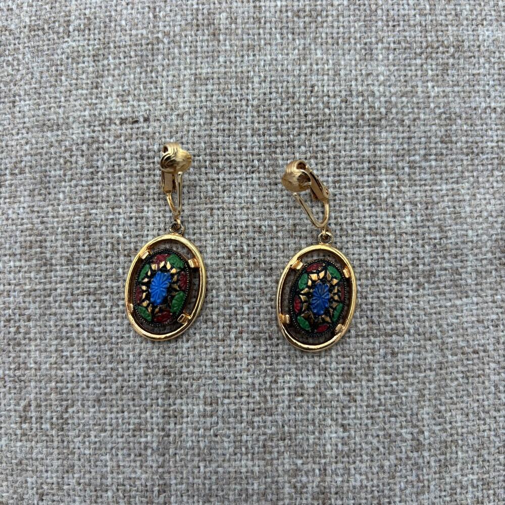 Vintage 1973 Sarah Coventry Symphony Blue Flower Mosaic Oval Dangle Earrings